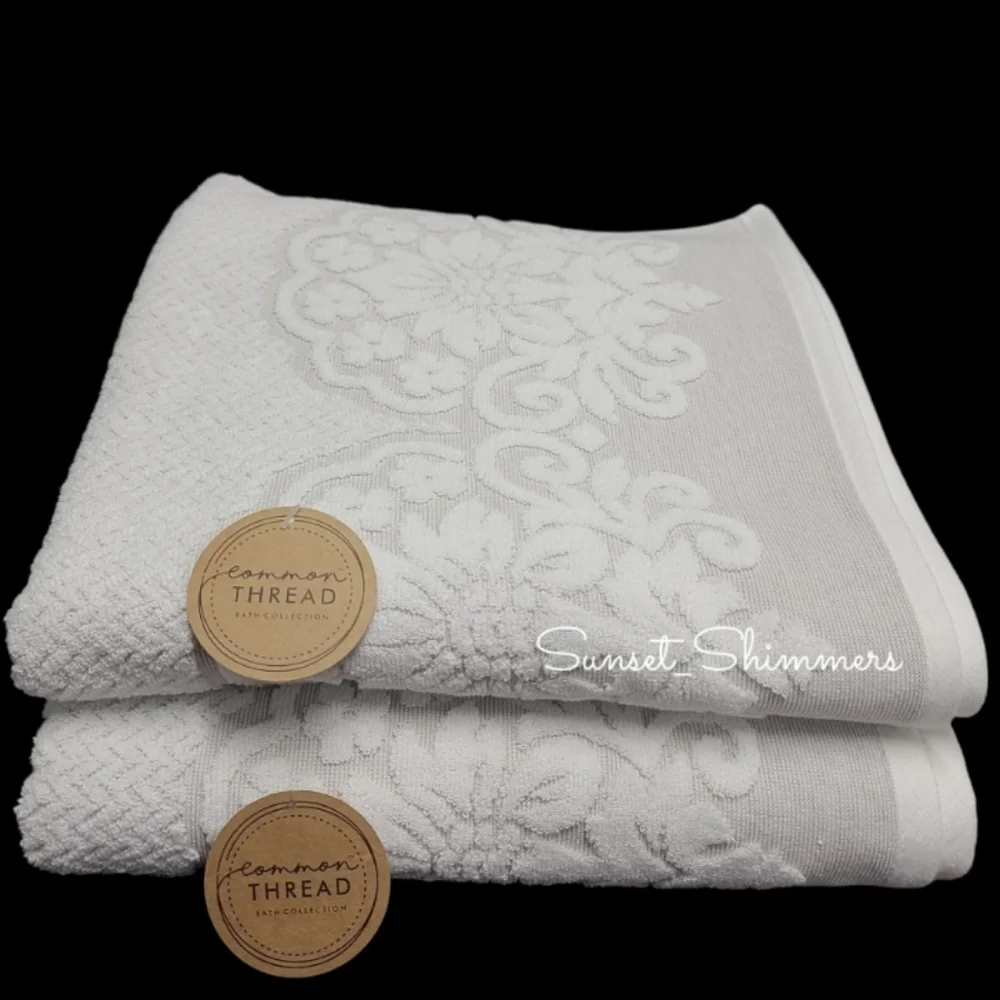 6 Piece COMMON THREAD Bath Hand Tip Towel Set Cream Scroll Jaquered Damask New